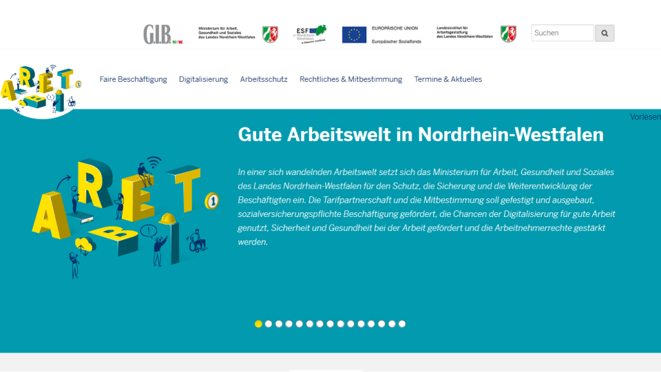 Bildschirmfoto der Internetseite Gute Arbeitswelt in Nordrhein-Westfalen