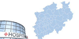 Bildmontage zeigt einen Krankenhauseingang sowie eine Landkarte mit den 53 Kreisen in NRW